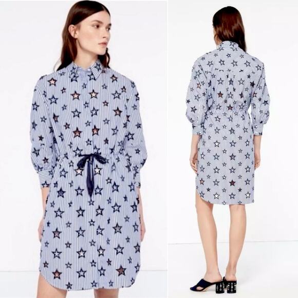 SANDRO Bilbao Star Shirt Dress Tie Waist Blue Contemporary Whimsical Stripe 6 - Picture 1 of 16